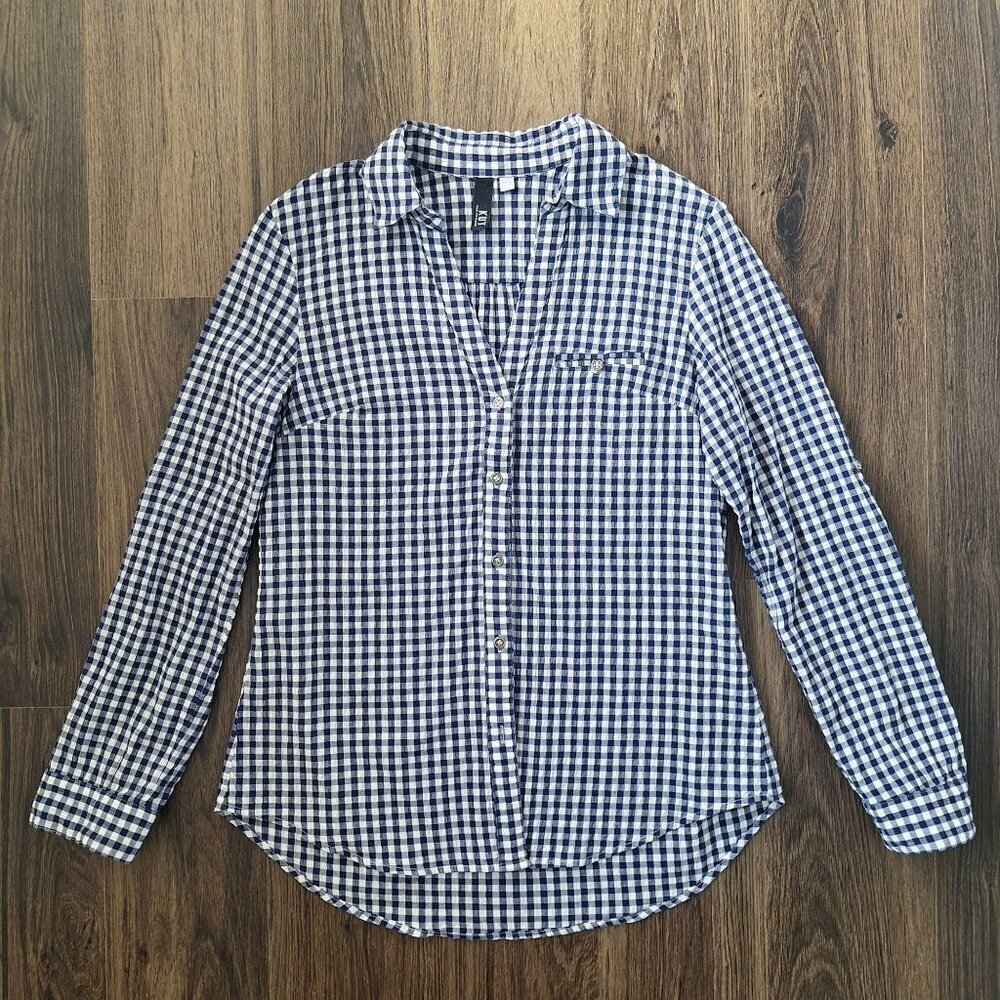 💙 Kut From the Kloth Waffle Fabric Cotton Checkered Roll Tab Sleeves Button Dow